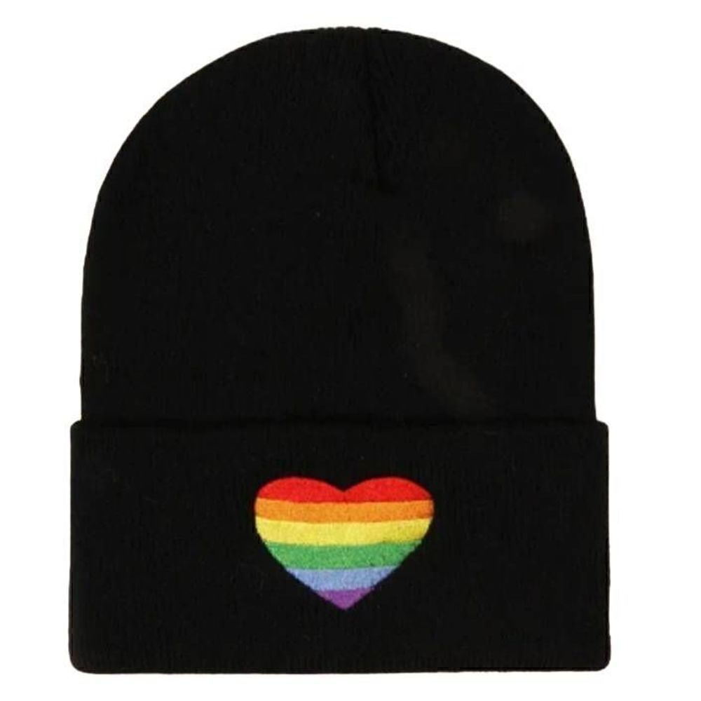 LGBT Pride Rainbow Heart Embroidered Black Beanie Skull Cap